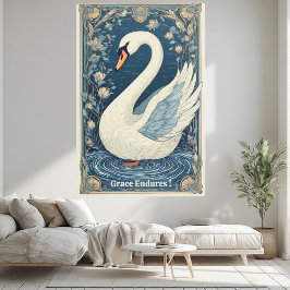 Impresión En Metal White Swan Art Nouveau Aqua Blue Water Jewel Tone 