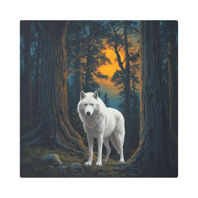 Impresión En Metal Wild White Wolf Under Moonlight Forest Animal (Anverso)