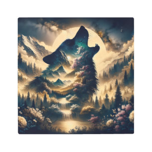 Impresión En Metal Wolf Howling en la Luna