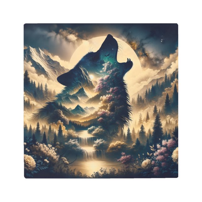 Impresión En Metal Wolf Howling en la Luna (Anverso)