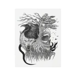 Impresión En Metal Wolf y Raven con el cráneo