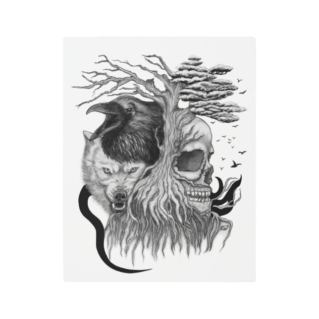 Impresión En Metal Wolf y Raven con el cráneo (Anverso)