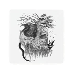 Impresión En Metal Wolf y Raven con el cráneo