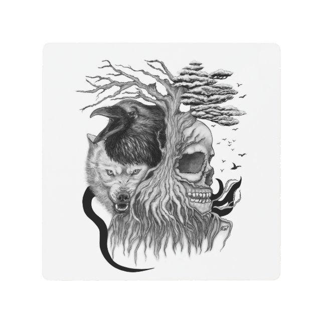 Impresión En Metal Wolf y Raven con el cráneo (Anverso)