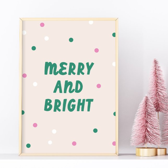 Impresión festiva de confeti rosa alegre y lindo (cute Merry & Bright Christmas wall art in green and pink)