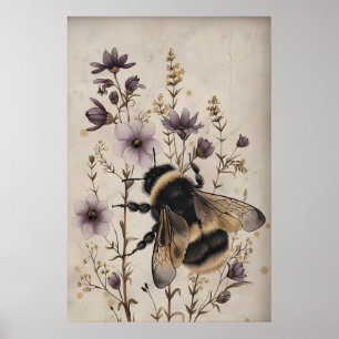 Impresión floral de abeja, arte de pared de academ