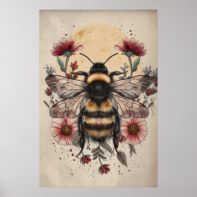 Impresión floral de abeja del sol, arte botánico r (Frente)