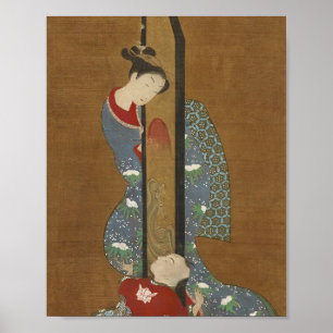 Impresión japonesa: Madre e hijo en juego