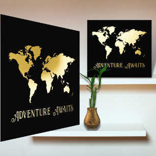 Impresión Metalizada 12x12 Black GOLD World Map Adventure Awaits Travel
