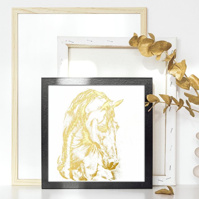 Impresión Metalizada Arte de caballo lápiz gráfico dibujo arte oro (Real gold foil original horse drawing, horse art, gold horse wall decor print.)