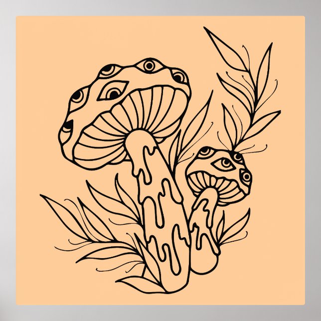 Impresión Metalizada Arte de líneas de hongos mínimo (Anverso)