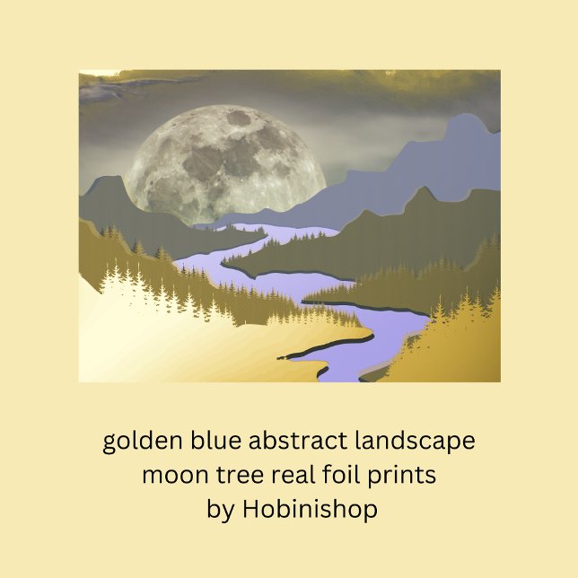 Impresión Metalizada azul dorado abstracto paisaje árbol de luna real (golden blue abstract landscape moon tree real foil prints by Hobinishop)