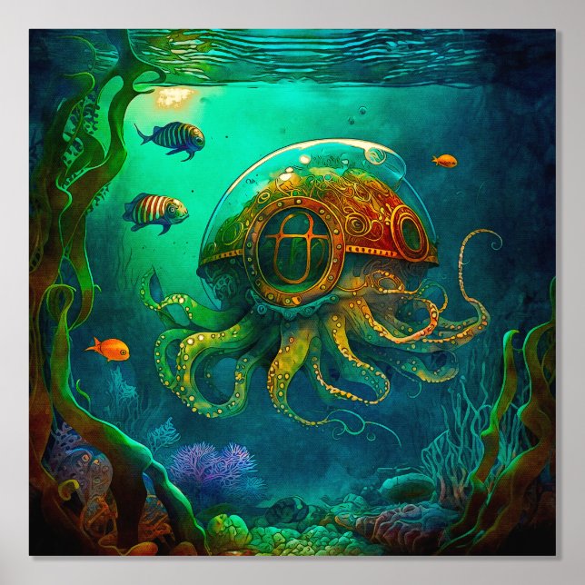 Impresión Metalizada Bajo el mar los animales Steampunk Octopus (Anverso)