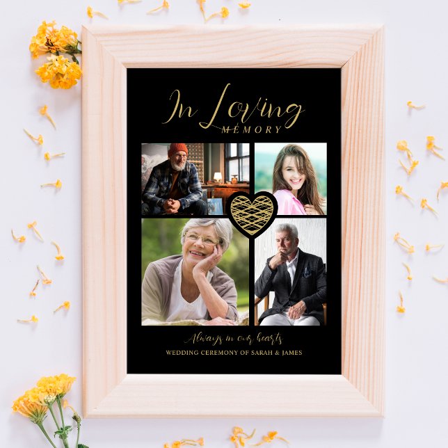 Impresión Metalizada Black Trendy Collage 4 Photos Modern Heart Wedding (Subido por el creador)