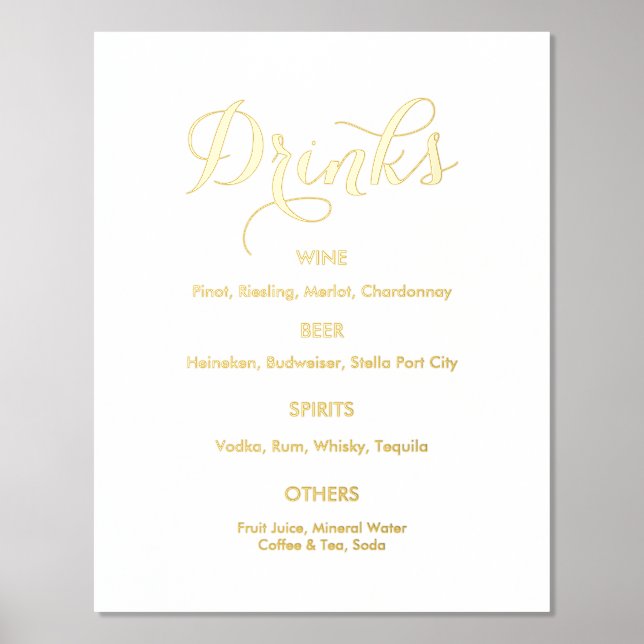 Impresión Metalizada Boda Bebe Bar Menú Oro Blanco (Anverso)