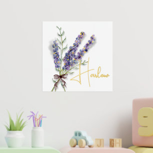 Impresión Metalizada Bouquet de lavanda acuarela con nombre de Relieve 