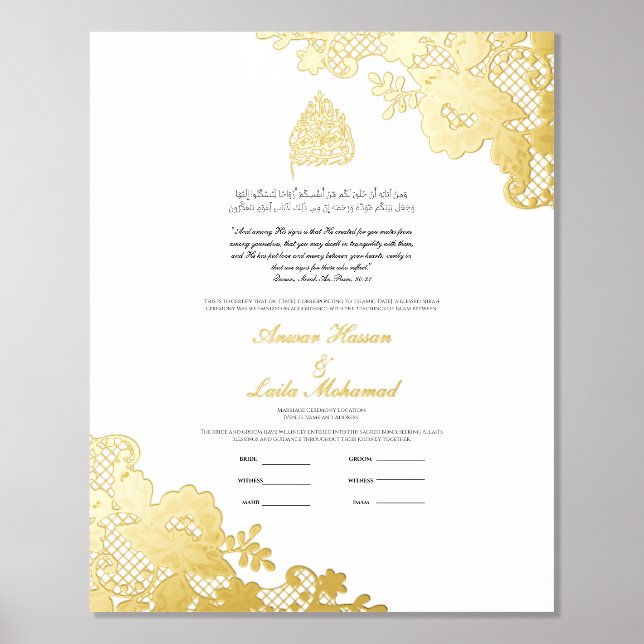 Impresión Metalizada Certificado Nikah Nikkah Nama Boda Islámico (Anverso)