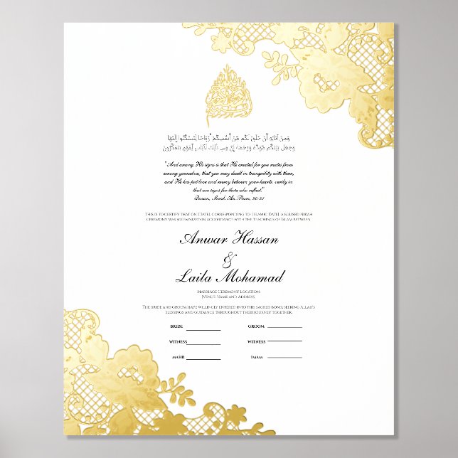 Impresión Metalizada Certificado Nikah Nikkah Nama Boda Islámico (Anverso)