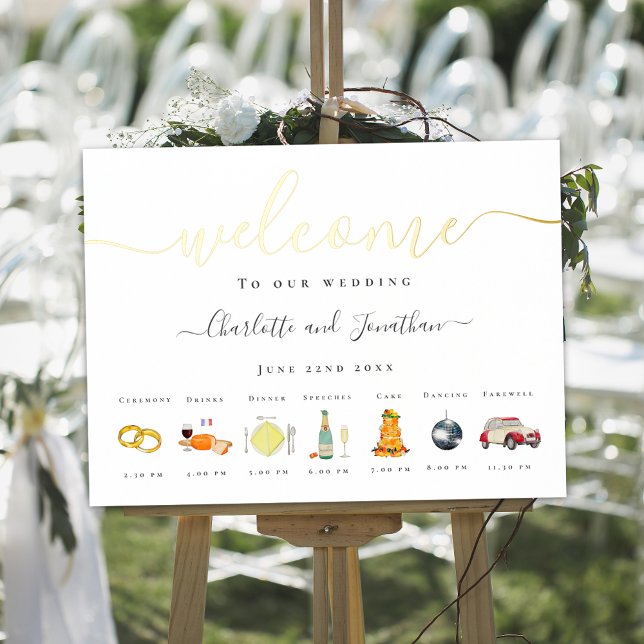 Impresión Metalizada Citrus Día de la Boda Francesa Oro Cronología (Stylish citrus french theme wedding timeline gold foil poster)
