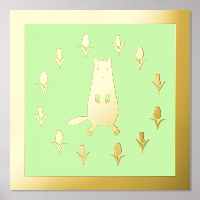 Impresión Metalizada Cute Groundhog y Tulip Flowers (Anverso)