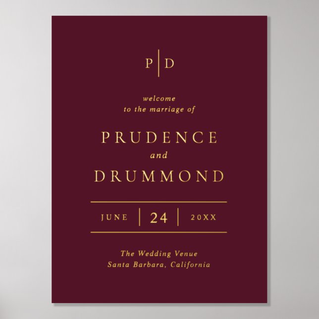 Impresión Metalizada Deep Burgundy Elegant Classic Wedding Foil Sign (Anverso)