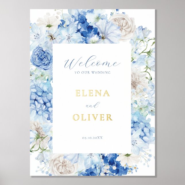 Impresión Metalizada Elegante marco floral azul Boda bienvenida (Anverso)