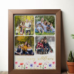 Impresión Metalizada Feliz aumento de flores silvestres por oro de Coll<br><div class="desc">Impresión dorada de lujo con colorido borde de flores silvestres y 4 de tus fotos favoritas. Las imágenes se mostrarán automáticamente en formato cuadrado con esquinas redondeadas para formar el collage de fotos. "flores silvestres de cría feliz" está escrito con letras en oro casual manuscrito, encima de un borde de...</div>