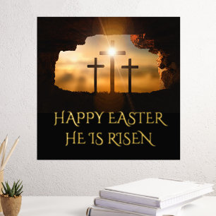 Impresión Metalizada Feliz Pascua Él ha Resucitado Tres Cruces