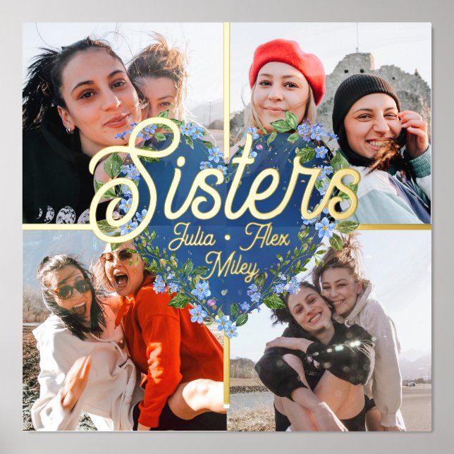 Impresión Metalizada Floral Heart 4 Hermanas de Collage de fotos BFF Ke (Anverso)