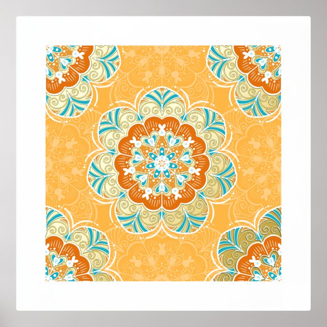 Impresión Metalizada Floral Mandala Tile en Naranja y Verde azulado (Anverso)