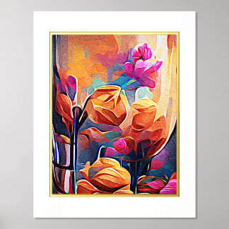 Impresión Metalizada Flores azules rojas Naranja de arte Abstracto flor