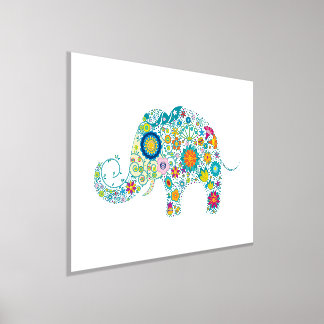 Impresión Metalizada Ilustracion elefante de flores retro coloridas