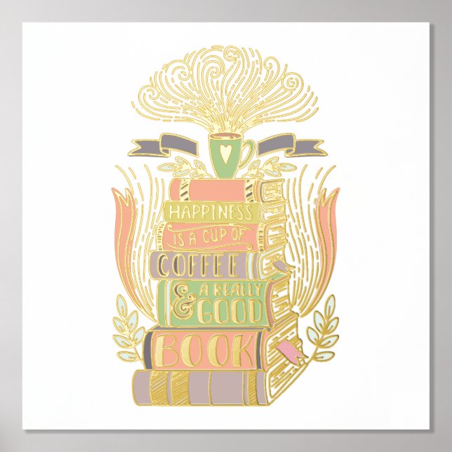 Impresión Metalizada "La felicidad es café y libros" (Anverso)