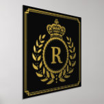 Impresión Metalizada Laurel de la Corona Real Wreath Monogramado Oro Ne<br><div class="desc">Este diseño de Relieve metalizado inspirado en la realeza incluye un marco geométrico de estilo Art Déco elegante con una elegante corona de laurel y un motivo de corona. Su carta monograma personalizada llena el centro. Utilice la plantilla sencilla para agregar el texto. El fondo es negro y el resto...</div>