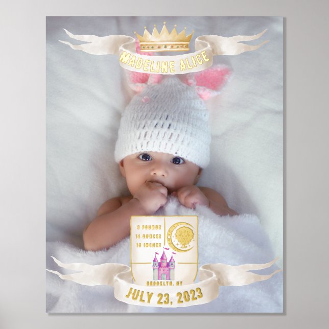 Impresión Metalizada Leo Newborn Baby Name Photo Stats Gold Silver (Anverso)