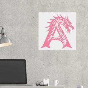 Impresión Metalizada Letra A con estilo dragón, alfabeto dragón, monogr