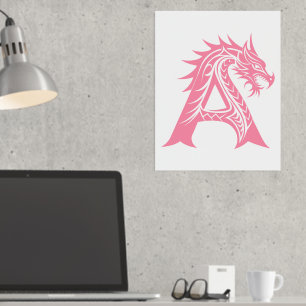 Impresión Metalizada Letra A con estilo dragón, alfabeto dragón, monogr