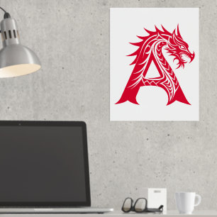 Impresión Metalizada Letra A con estilo dragón, alfabeto dragón, monogr