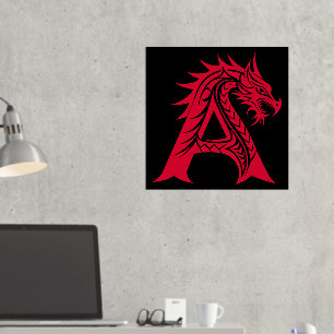 Impresión Metalizada Letra A con estilo dragón, alfabeto dragón, monogr
