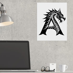 Impresión Metalizada Letra A con estilo dragón, alfabeto dragón, monogr