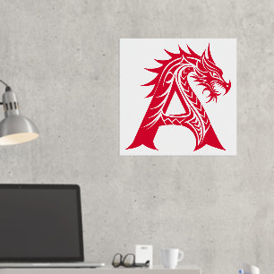 Impresión Metalizada Letra A con estilo dragón, alfabeto dragón, monogr