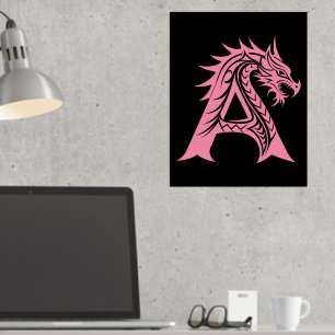 Impresión Metalizada Letra A con estilo dragón, alfabeto dragón, monogr