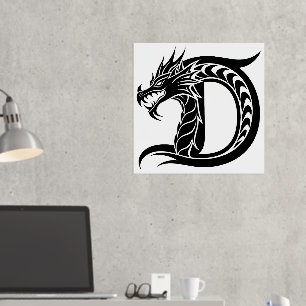 Impresión Metalizada Letra D con estilo dragón, alfabeto dragón, monogr