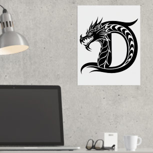 Impresión Metalizada Letra D con estilo dragón, alfabeto dragón, monogr