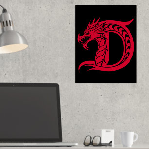 Impresión Metalizada Letra D con estilo dragón, alfabeto dragón, monogr
