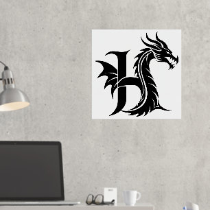 Impresión Metalizada Letra estilo dragón H, alfabeto dragón, monograma
