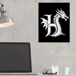 Impresión Metalizada Letra estilo dragón H, alfabeto dragón, monograma