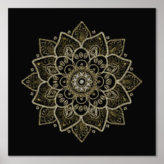 Impresión Metalizada Mandala floral dorada en negro