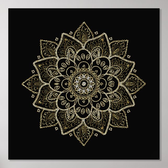 Impresión Metalizada Mandala floral dorada en negro (Anverso)