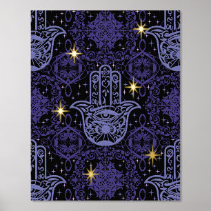 Impresión Metalizada Mano de Hamsa de fieltro púrpura con estrellas